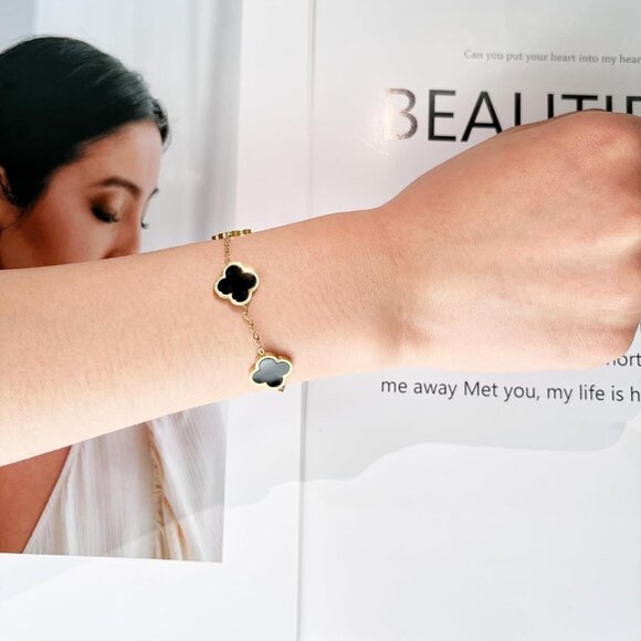 18K Gold Plated Clover Lucky Bracelet for Women White/Black/Red/Green Flower Fou - Picture 4 of 7